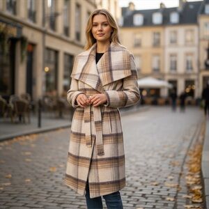 BCBGeneration Wool Belted Plaid Wrap Coat Tan Cream Winter Peacoat Small New